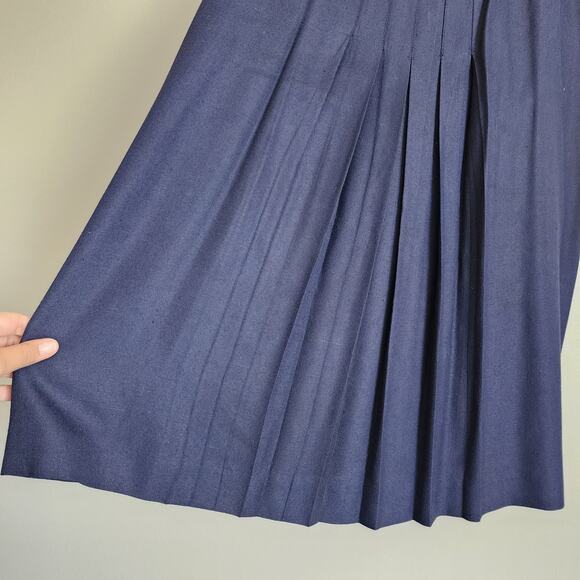 Christian Dior Vintage High Waisted Navy Blue Pleated Midi Skirt Size 14 - Picture 3 of 9